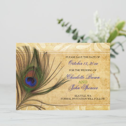 Save The Date Rustic Peacock Mariage en plume enregistrer la dat (Debout devant)