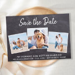 Save The Date Rustic Photo Collage animal de compagnie Chien Mar<br><div class="desc">Laissez votre meilleur chien annoncer votre mariage avec ce chien de compagnie super mignon "My Humans Are Getting Married" enregistrer les cartes de dates. Customisez avec vos photos préférées et personnalisez avec les noms, la date et l'emplacement du mariage. Ce mariage rustique de chien de tableau noir, sauf la date...</div>