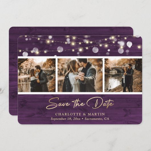 Save The Date Rustic Purple Wood Mariage Photo Enregistrer La Da (Devant / Derrière)