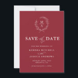 Save The Date Rustic Red Simple Elegant Monogramme Enregistrer l<br><div class="desc">Choix classique et de bon goût pour le mariage Save the Date cards, ce design exprime une élégance simple dans sa disposition de texte et son style classique. Une simple couronne de laurier ouverte de feuilles esquissés entoure l'initiale monogramme de la mariée et du marié sur un arrière - plan...</div>