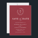 Save The Date Rustic Red Simple Elegant Monogramme Enregistrer l<br><div class="desc">Choix classique et de bon goût pour le mariage Save the Date cards, ce design exprime une élégance simple dans sa disposition de texte et son style classique. Une simple couronne de laurier ouverte de feuilles esquissés entoure l'initiale monogramme de la mariée et du marié sur un arrière - plan...</div>