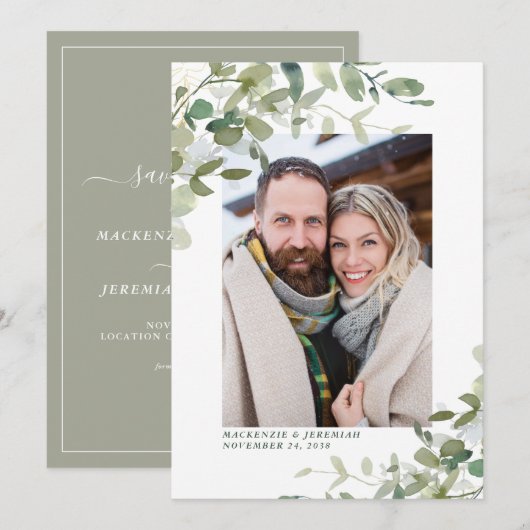 Save The Date Rustic Sage Eucalyptus Mariage Photo Enregistrer l (Devant / Derrière)