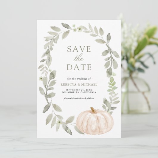 Save The Date Rustic Sage Green Citrouille blanc Photo Mariage (Debout devant)