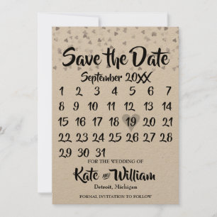 Save The Date Rustic Silver Love Heart Calendrier Enregistrer la