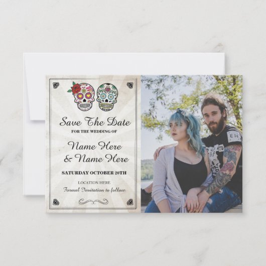 Save The Date Rustic Sugar Skulls Fotokaart (Voorkant)