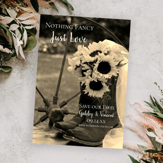 Save The Date Rustic Sunflowers and Cowboy Boots Western Wedding