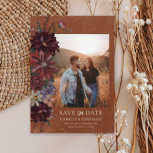 Save The Date Rustic Terracotta Floral Photo Enregistrer la cart