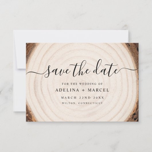 Save The Date Rustic Tree Ring Wood with Wedding Website QR Code (Devant)