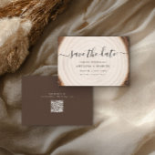 Save The Date Rustic Tree Ring Wood with Wedding Website QR Code