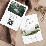 Save The Date Rustic Watercolor Mountain Forest Mariage Photo<br><div class="desc">Ce mariage élégant de destination enregistrer la carte de date dispose d'un paysage d'aquarelle romantique avec montagne, pins et forêt verdoyante parfait pour votre mariage de rêve de montagne et une police de calligraphie script complexe disant "Save the Date". Personnalisez la photo et le site web mariage qui vient avec...</div>