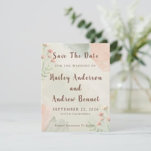 Save The Date Rustic Watercolor Peach and Green Wedding (Debout devant)