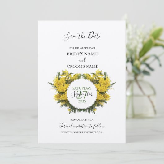 Save The Date Rustic Wattle Acacia Mariage Enregistrer La Date (Debout devant)
