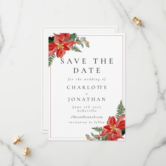 Save The Date Rustic Winter Poinsettia Red Christmas Wedding (Devant/Arrière en situation)