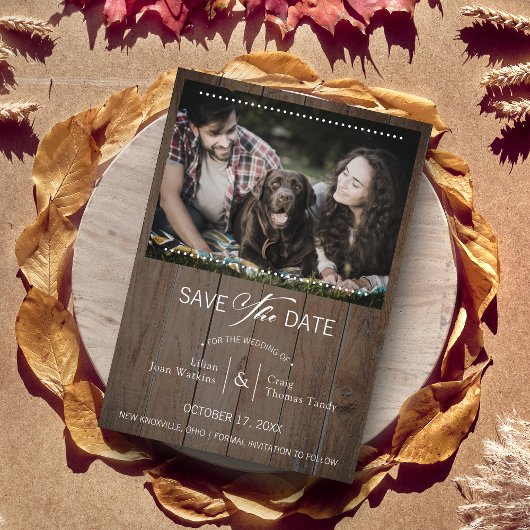 Save The Date Rustic Wood Chien Photo Mariage Whimsical Typograp