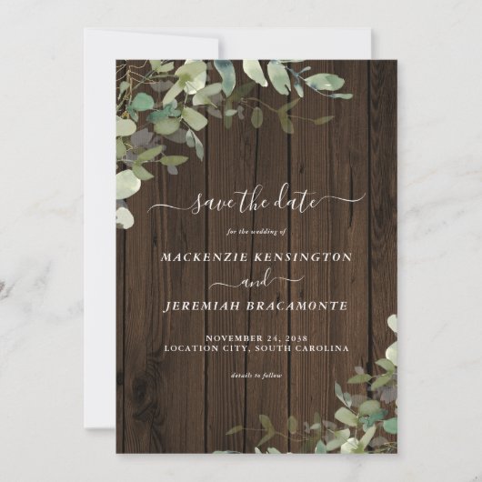 Save The Date Rustic Wood Eucalyptus Mariage Photo Enregistrer l (Devant)