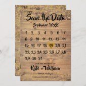 Save The Date Rustic Wood Gold Love Heart Calendrier Enregistrer (Devant / Derrière)