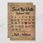 Save The Date Rustic Wood Love Heart Calendar Enregistrer la dat (Devant / Derrière)