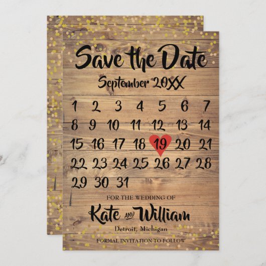 Save The Date Rustic Wood Love Heart Calendar Enregistrer la dat (Devant / Derrière)