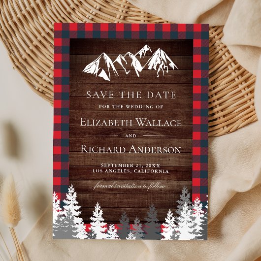 Save The Date Rustic Wood Red Buffalo Plaid Mountain Wedding