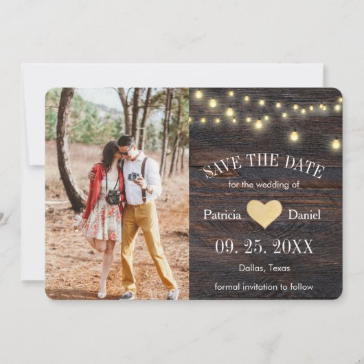 Save The Date Rustic Wood String Lumières Coeur Photo Mariage (Devant)