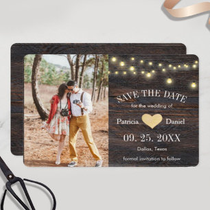 Save The Date Rustic Wood String Lumières Coeur Photo Mariage