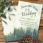 Save The Date Rustic Woods Green Mountain Pine Trees Mariage<br><div class="desc">Ces magnifiques sauvez la date sont une excellente façon de faire connaître à vos amis et votre famille votre prochain mariage. L'aménagement comprend une scène montagneuse rustique avec une forêt de pins verts entourés de brume ou de brouillard. Le texte de calligraphie de script lacy donne un air d'élégance. Idéal...</div>