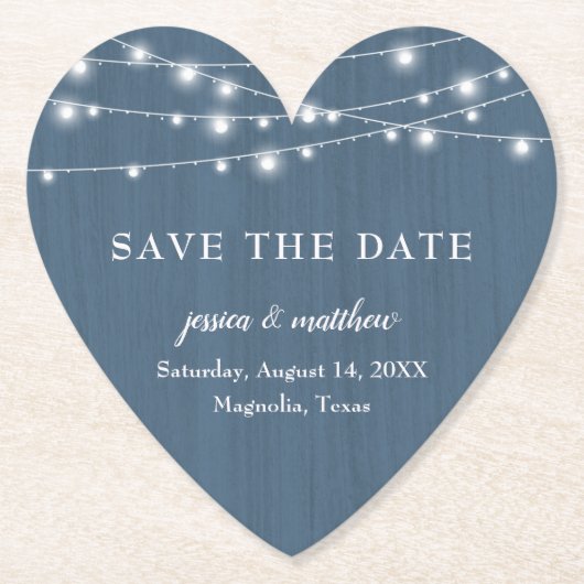 Save the Date Rustieke boerderij Blauwe String Lig Kartonnen Onderzetters (Voorkant)