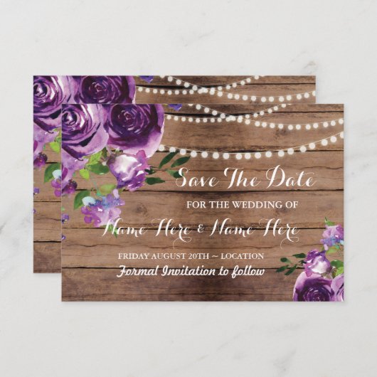 Save The Date Rustieke Houten Paarse Bloemen Uitno (Voorkant / Achterkant)