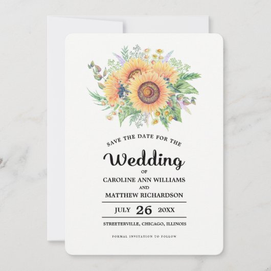 Save the date. Rustige zonnebloemen bruiloft Kaart (Voorkant)