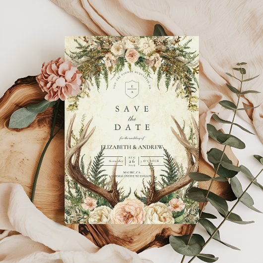 Save The Date Rustique Antler Woodland Floral Mariage
