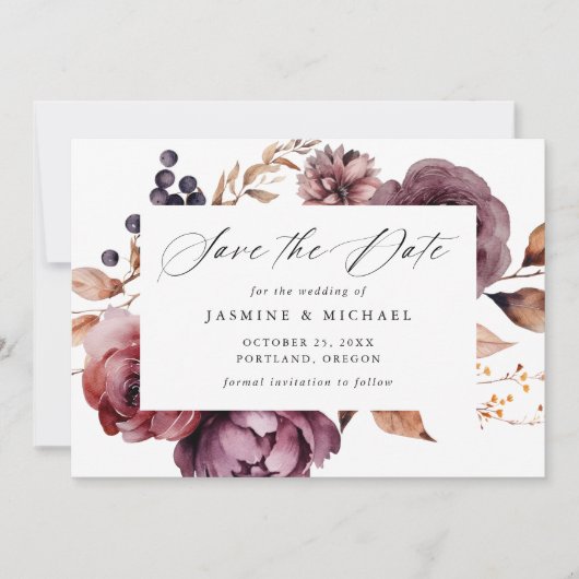 Save The Date Rustique Automne Marsala Floral Calligraphie Maria (Devant)
