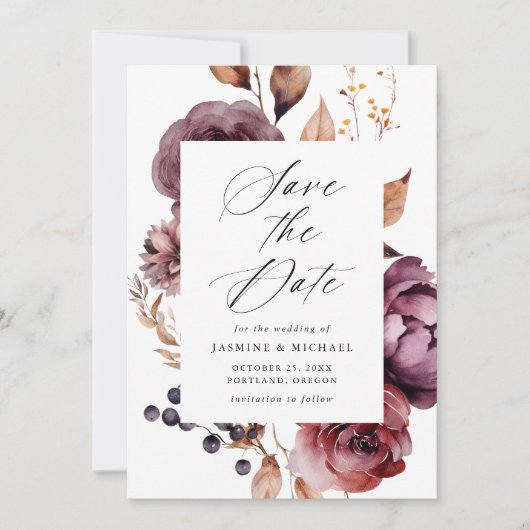 Save The Date Rustique Automne Marsala Floral Frame Mariage (Devant)