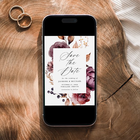 Save The Date Rustique Automne Marsala Floral Frame Mariage