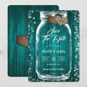 Save The Date Rustique Automne Mason Jar Wood Mariage Turquoise (Devant / Derrière)