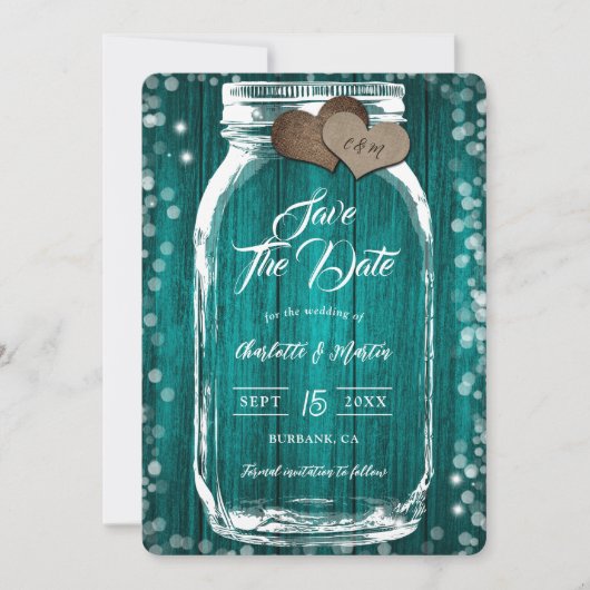 Save The Date Rustique Automne Mason Jar Wood Mariage Turquoise (Devant)