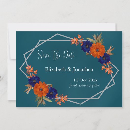 Save The Date Rustique Automne Orange Navy Bleu Floral Mariage (Devant)