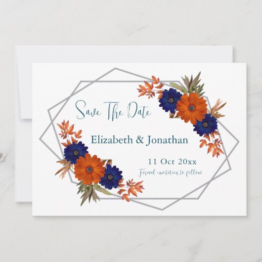 Save The Date Rustique Automne Orange Navy Bleu Floral Mariage (Devant)