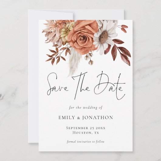 Save The Date Rustique Automne Terracotta Florals QR Code Mariag (Devant)