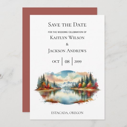 Save The Date Rustique Autumn Lakeside Mariage forestier (Devant / Derrière)