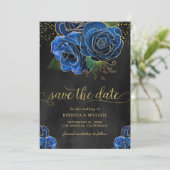 Save The Date Rustique Black Gold Royal Blue Floral Mariage (Debout devant)
