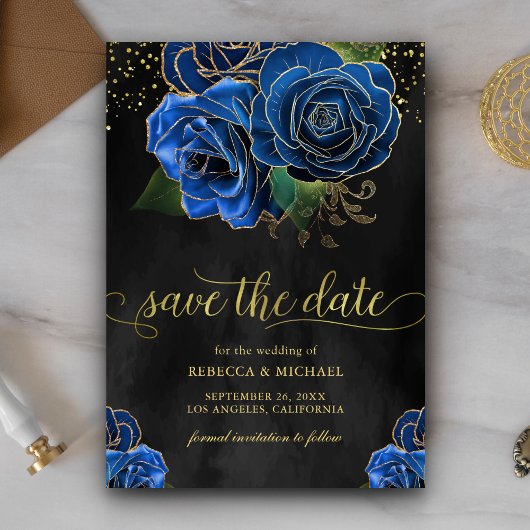 Save The Date Rustique Black Gold Royal Blue Floral Mariage