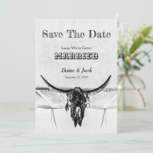 Save The Date Rustique Blanc Noir Vache Occidentale Crâne Enregi (Debout devant)