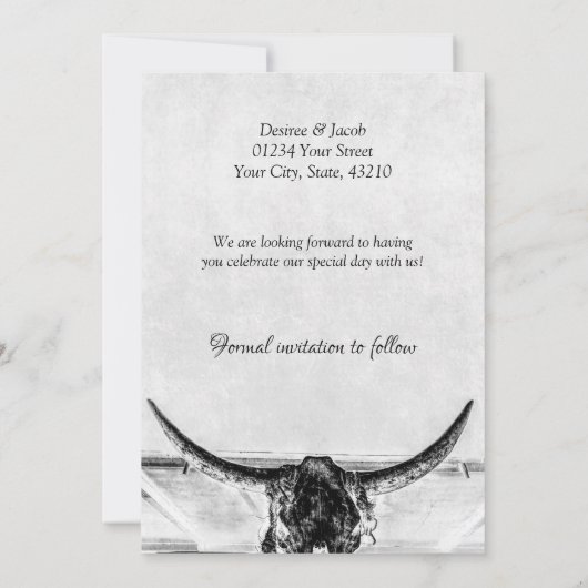 Save The Date Rustique Blanc Noir Vache Occidentale Crâne Enregi (Dos)