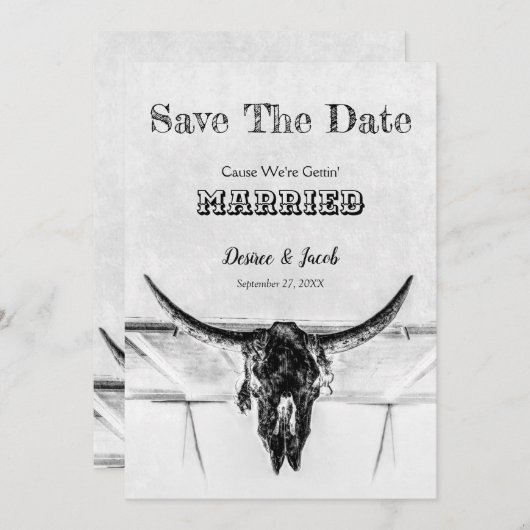 Save The Date Rustique Blanc Noir Vache Occidentale Crâne Enregi (Devant / Derrière)