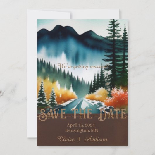 Save The Date Rustique bleu vert et jaune aquarelle forêt (Devant)