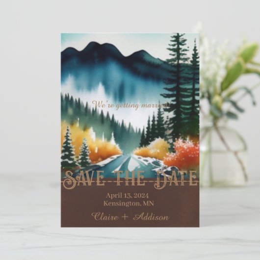 Save The Date Rustique bleu vert et jaune aquarelle forêt (Debout devant)