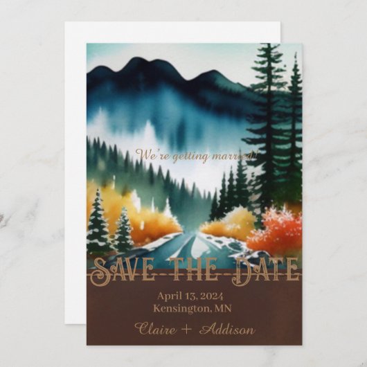 Save The Date Rustique bleu vert et jaune aquarelle forêt (Devant / Derrière)