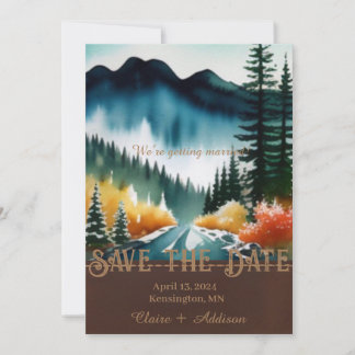 Save The Date Rustique bleu vert et jaune aquarelle forêt