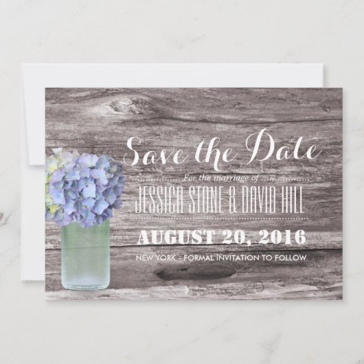 Save The Date Rustique Blue Hydrangea Mason Jar Bois Enregistrer (Devant)