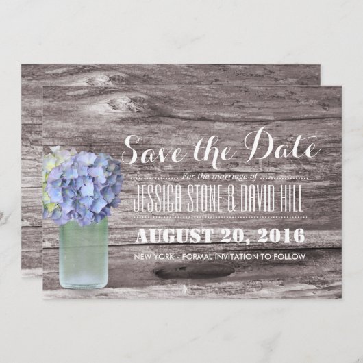 Save The Date Rustique Blue Hydrangea Mason Jar Bois Enregistrer (Devant / Derrière)